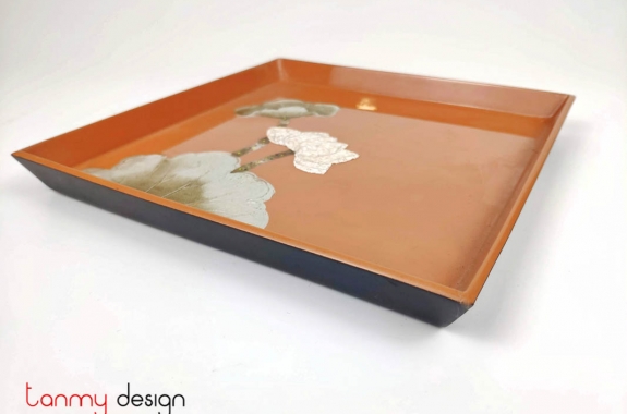 Square lacquer tray with hand painted lotus 22 cm